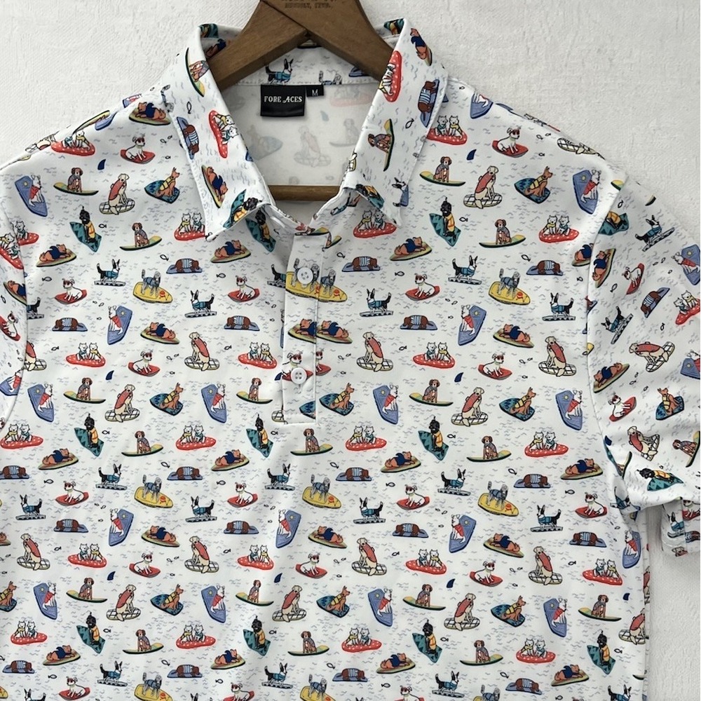 Fore Aces Golf Polo Boogie‎ Board Dogs All Over Print Men's Medium Performance
